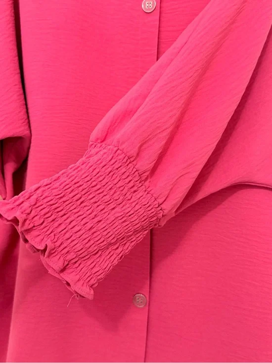 Multiples Blouse Hot Pink Magenta XL Scoop Neck Gathered Sleeves Faux Buttons - Picture 3 of 7